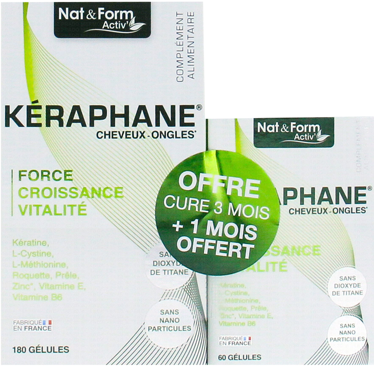 Keraphane cheveux et ongles Ce complément alimentaire à base de kératine, acides aminés, extraits de plantes et vitamines contribue à la beauté des cheveux et des ongle
