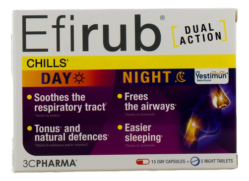 EFIRUB JOUR/NUIT  apaise et libère les voies respiratoires, pour un sommeil facilité, le tonus et les défenses naturelles 15 + 5 comprimés